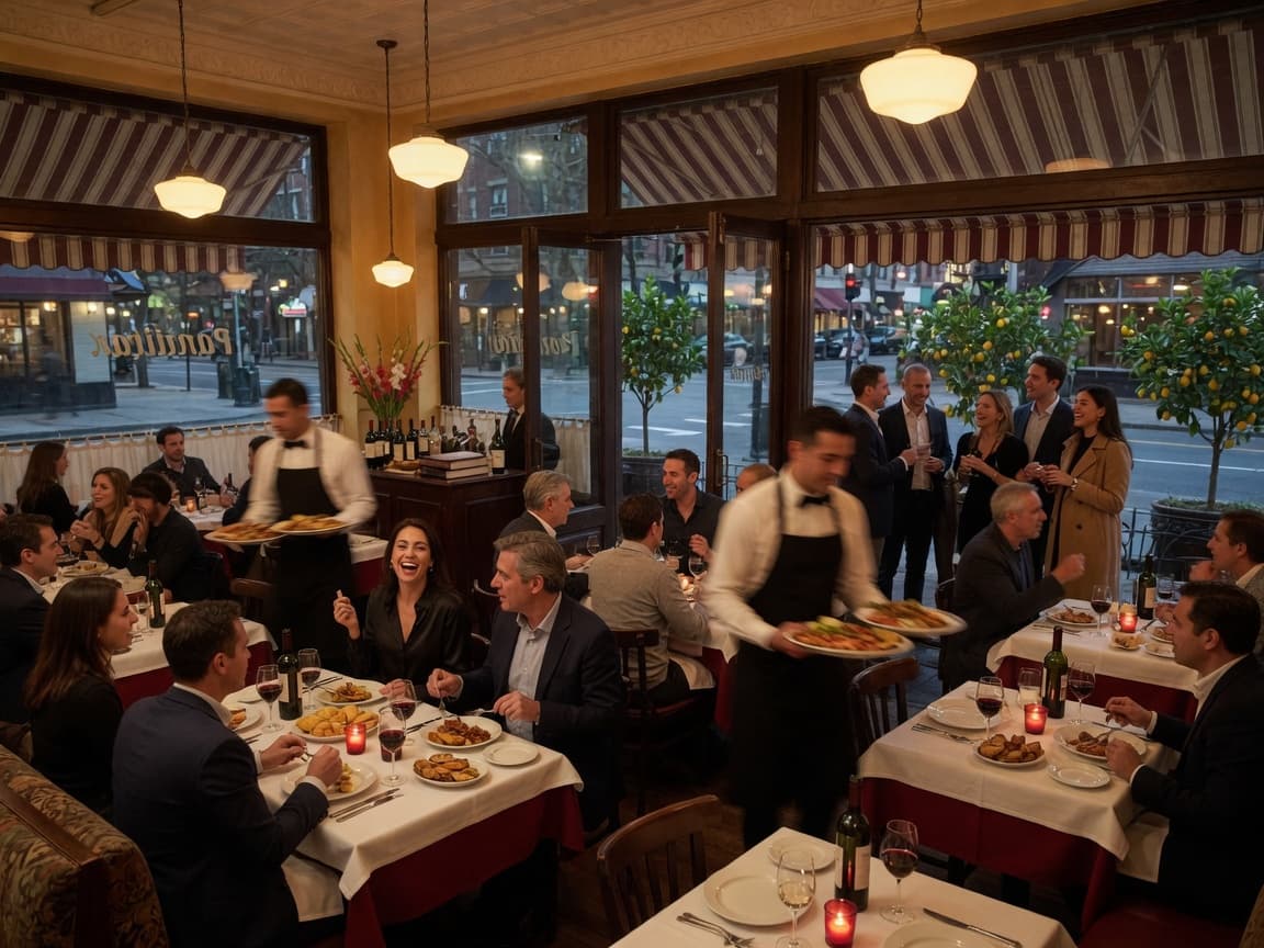 Restaurante lleno en hora pico, con comensales y gente en la entrada