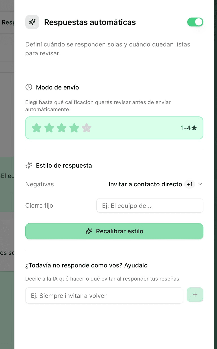 Configuración de respuestas automáticas en Dishboard: modo de envío, estilo y recalibración.
