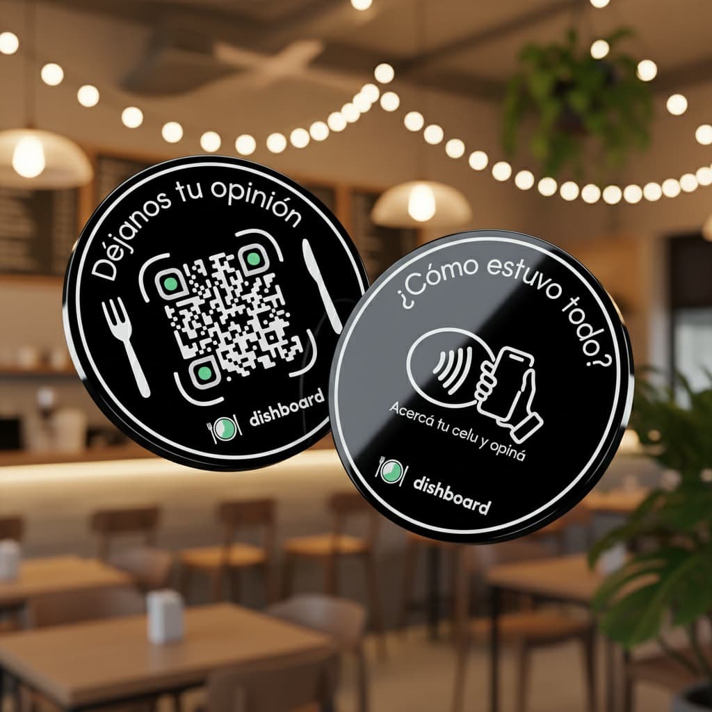 Cliente de un restaurante escaneando un código QR para dejar su opinión desde la mesa.